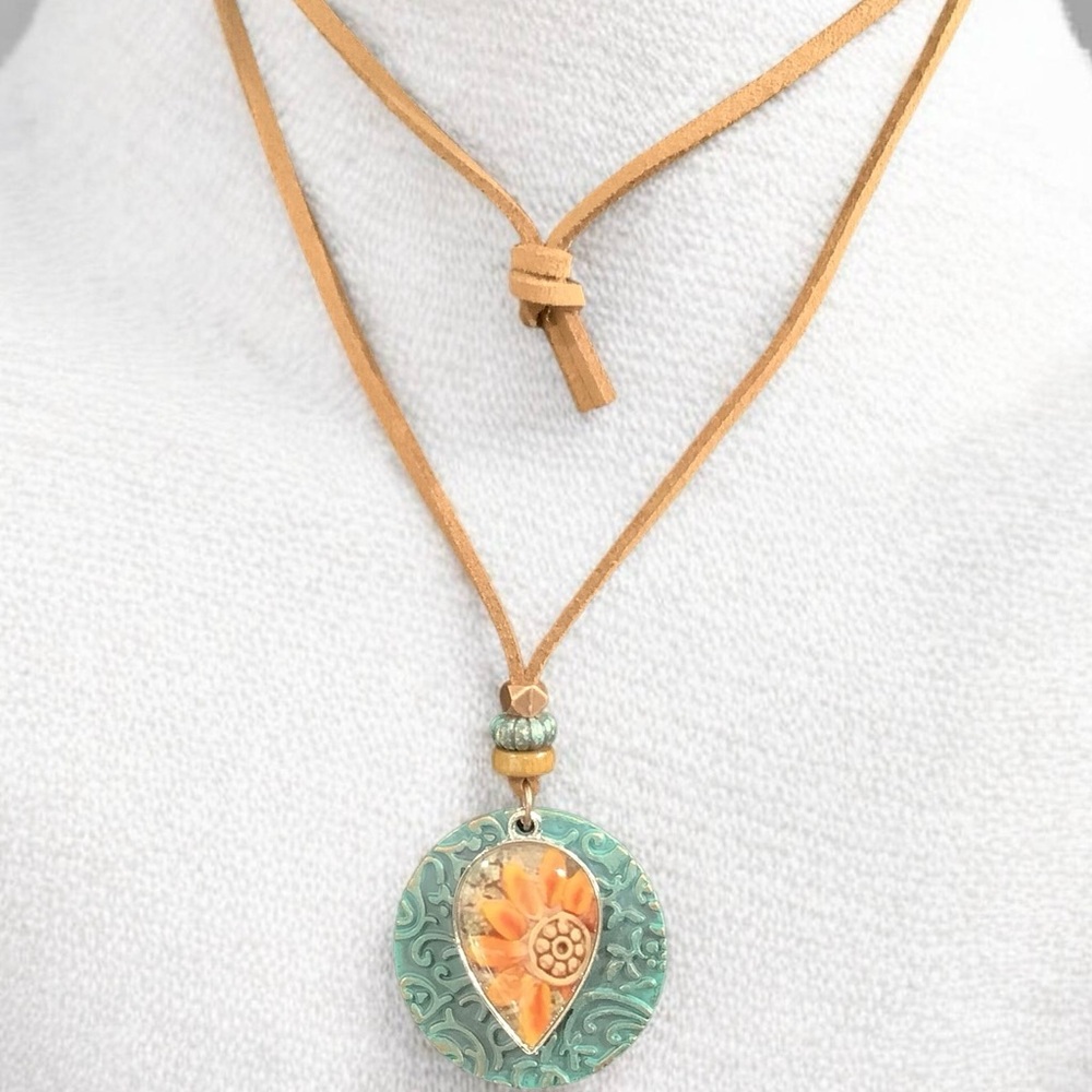 Boho Sunflower Pendant Necklace - Tan Cord, Turquoise & Orange Medallion. NWT - Picture 5 of 8